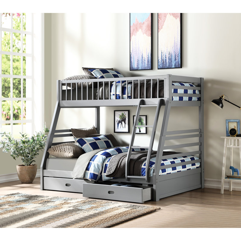Lit superposé simple / double avec 2 tiroirs et rangement - Gris, conception convertible, façade droite, garde pleine longueur, système de lattes en pin 6 + 6, style, garde-corps faisant face, tiroirs, fabrication en bois