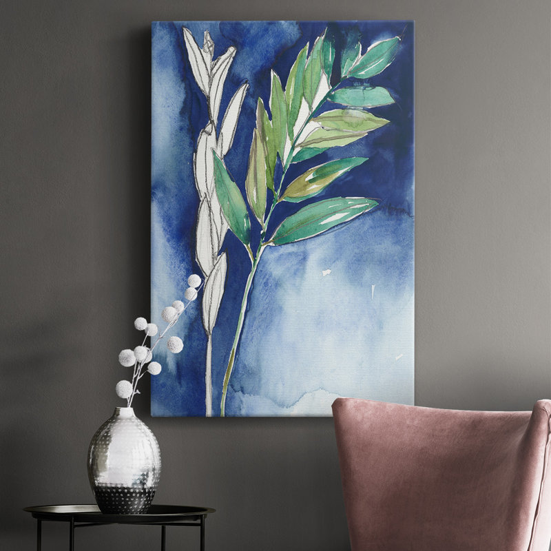 Pétiole sur indigo I - reproduction d'art sur toile tendue, H 60 po x l 40 po x P 1 po