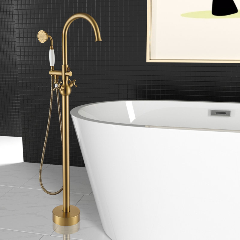 2 Handle Freestanding Tub Filler with Diverter, Brushed Brass