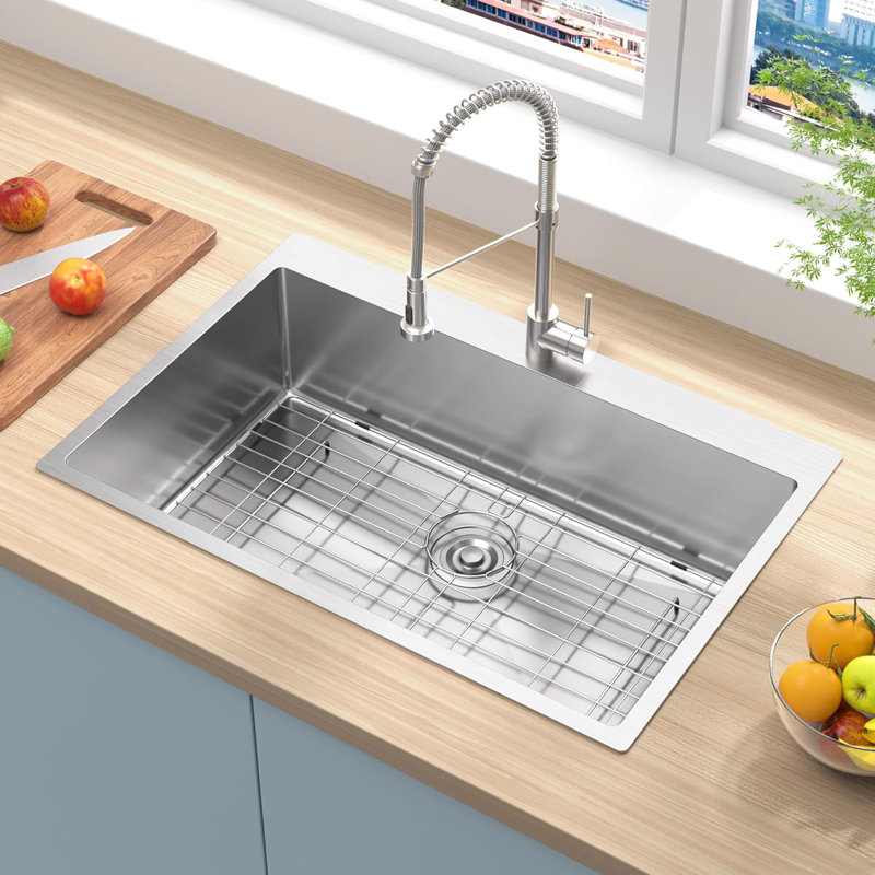 33 Inch Stainless Steel Single Bowl Drop In Kitchen Sink With Bottom Grid