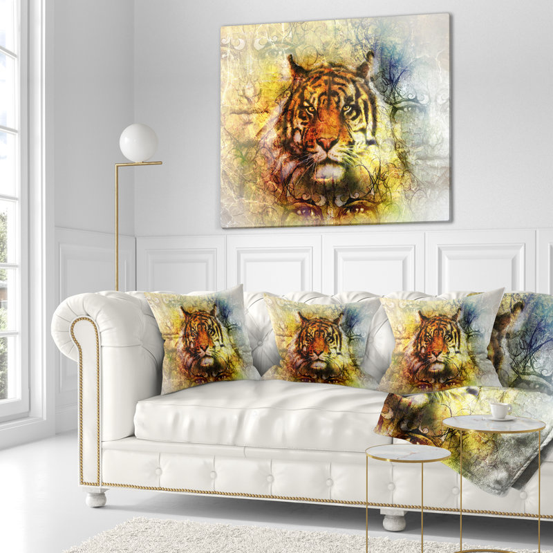 Mighty Tiger avec visage mystique - oreiller imprimé animal, 18 po x 18 po, Coussin décoratif