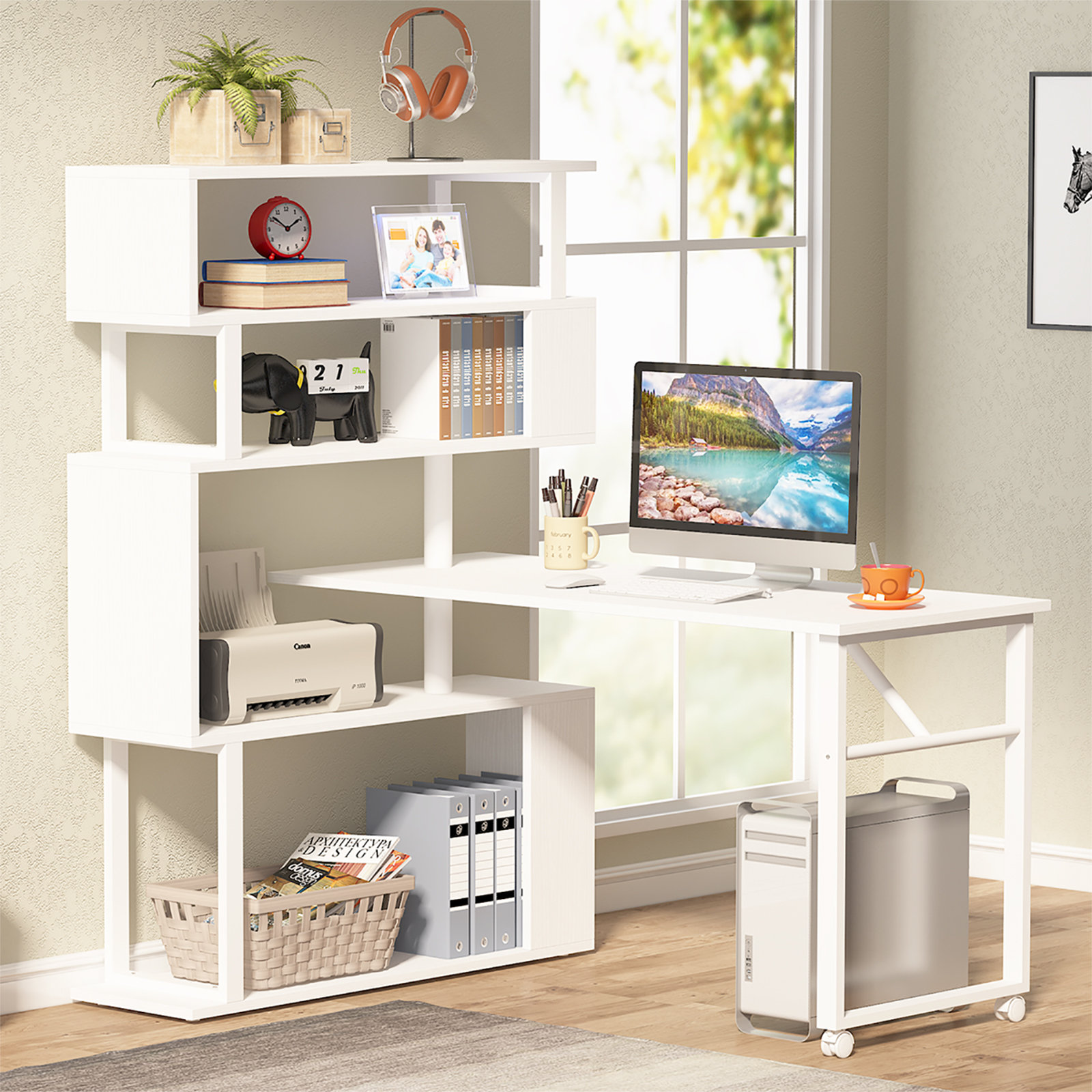 Latitude Run® Rotating L Shaped Desk with Bookshelf & Reviews