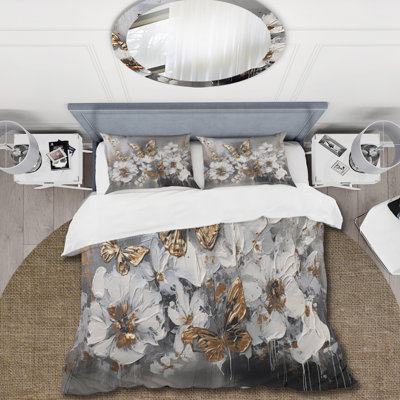 Golden White Butterfly Wings And Flowers I - Floral Comforter Set of 4