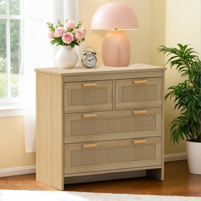 3-Drawer Rattan Geoff Dresser, Wooden Storage Cabinet w/Boho Mid-Century by Bay Isle Home