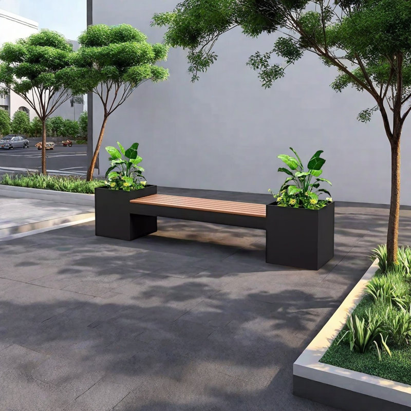 Metal Bench with Planter, 19.69" H x 94.49" W x 15.75" D, Black