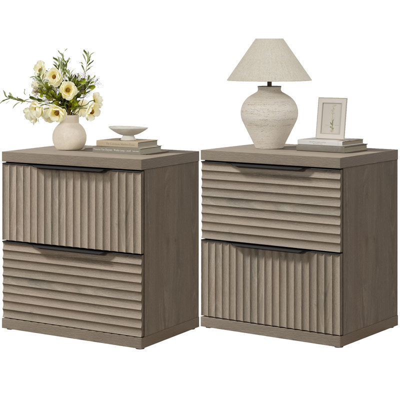 Table de chevet moderne à 2 tiroirs cannelée, Aulne gris