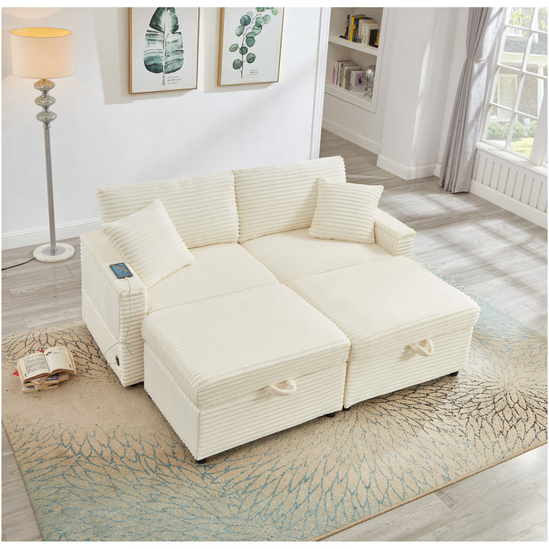 Canapé confortable moelleux en velours côtelé, espace de rangement pour grande causeuse, méridienne super moelleuse avec repose-pieds double et table de bout