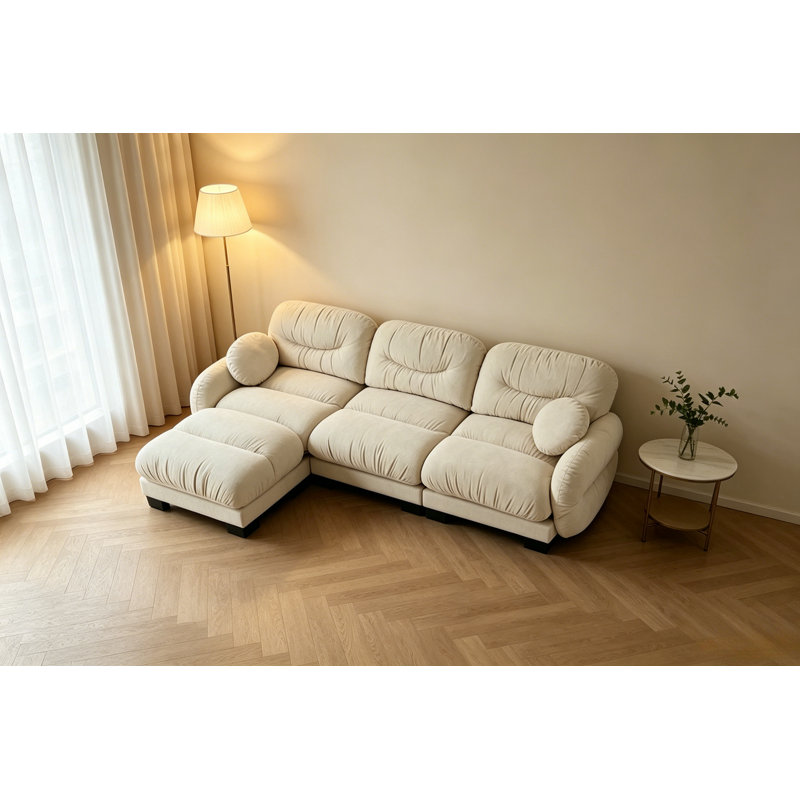 Pleated Modular Sectional Sofa, Chenille Cloud Couch with L-Shaped Chaise & Ottoman, Beige Chenille