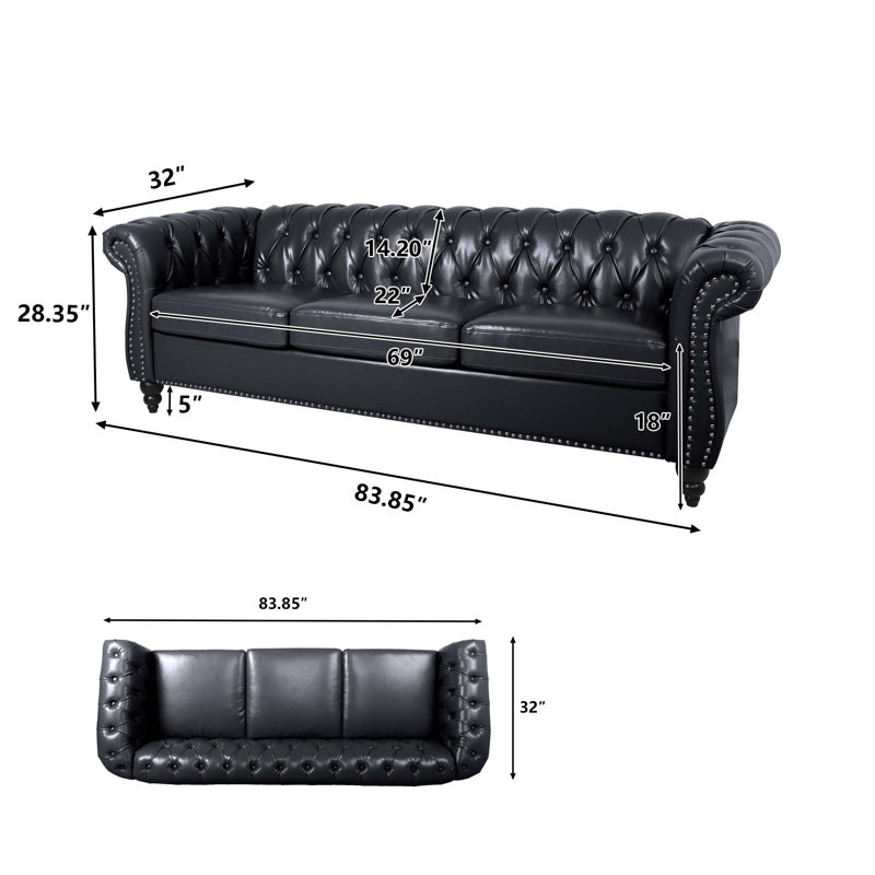 Deaneen 83.85'' Faux Leather Sofa, Black Faux Leather