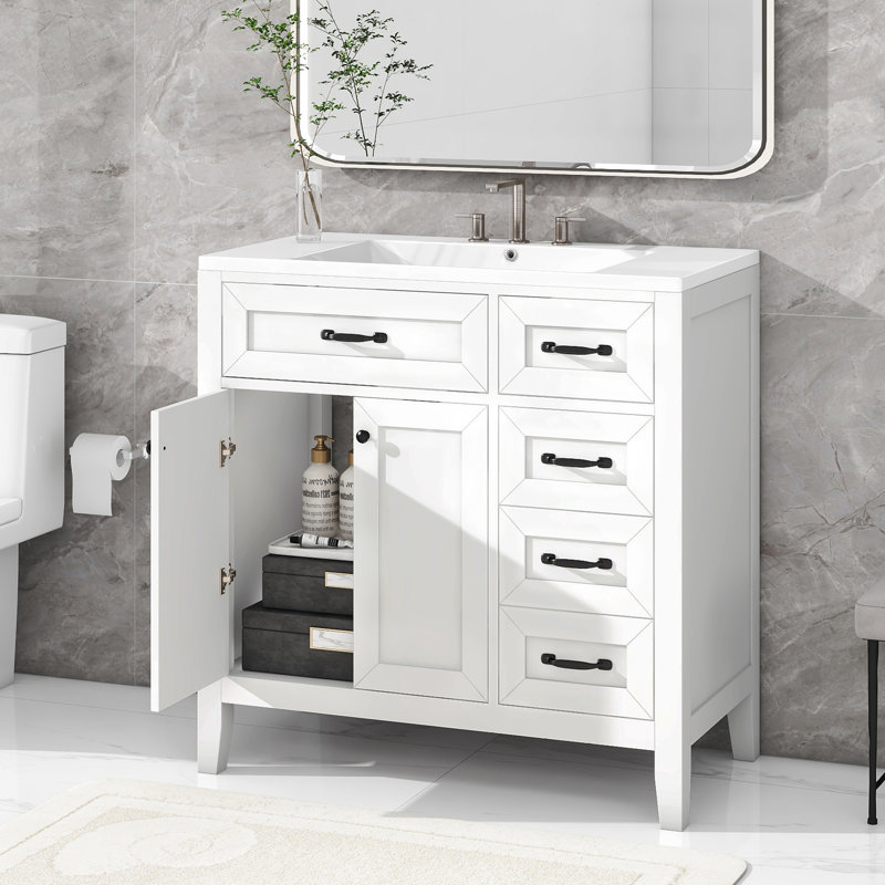 Meuble-lavabo blanc 36 po avec lavabo, structure en bois massif, panneaux, tiroirs et armoire, style moderne, couleur, caoutchouc, céramique pour les essentiels, assemblage requis