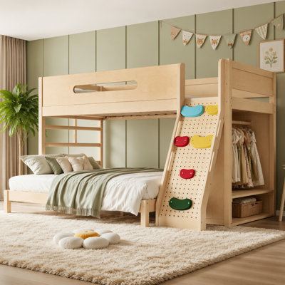 Lit simple superposé simple au-dessus de grand lit avec garde-robe et espaces de rangement intégrés, lit superposé en bois massif avec garde-corps, escalade enfantine et lattes améliorées, naturel