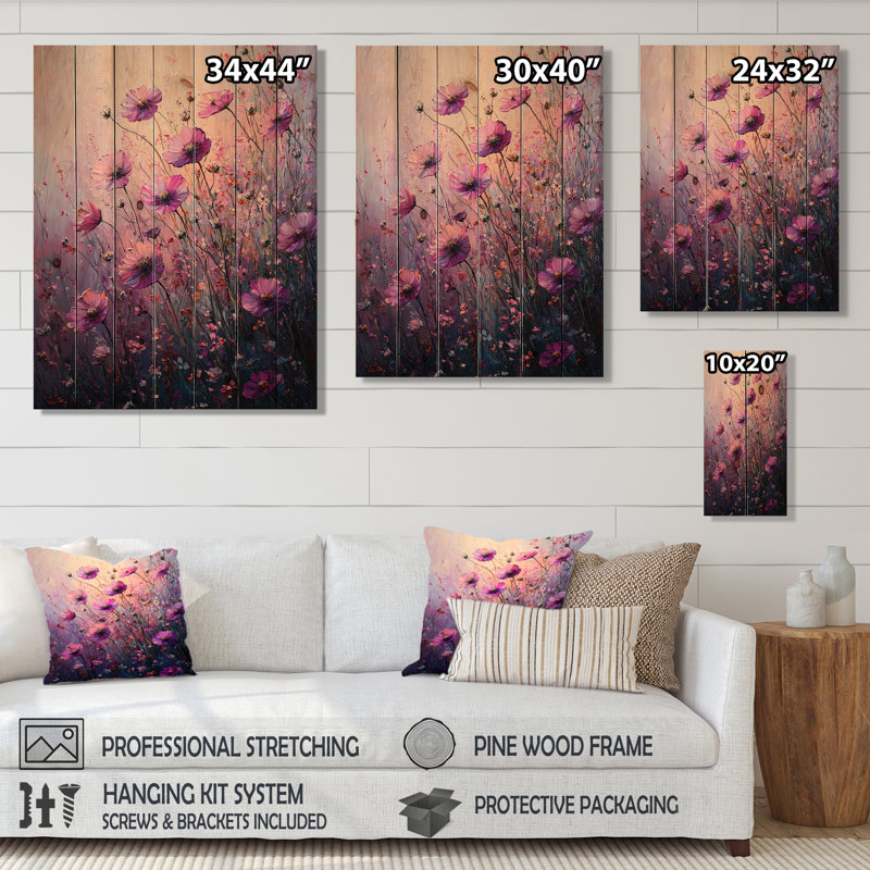 Pink Summer Breeze Wildflowers I - Wildflowers Wood Wall Art - On Natural Pine Wood, 32" H x 24" W x 0.78" D