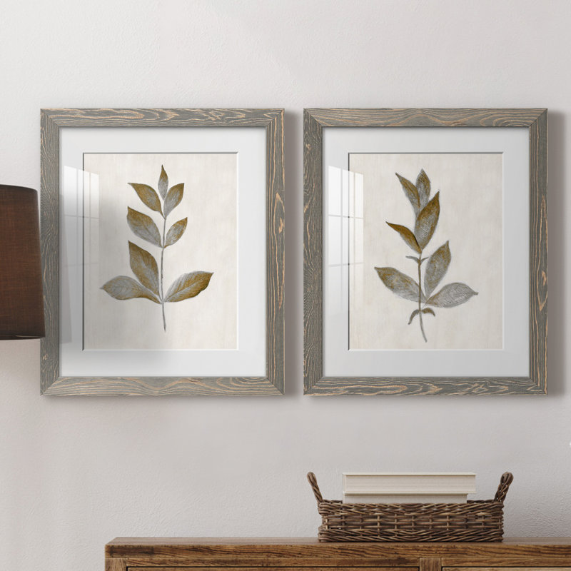Bronze Leaf I - ensemble de 2 reproductions, Impression encadrée avec passe-partout, H 24 po x l 36 po, Gris