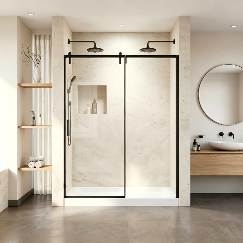 Porte de douche coulissante semi-encadrée de 142-152 cm (L) x 193 cm (H), en verre trempé transparent SGCC de 6 mm d'épaisseur.