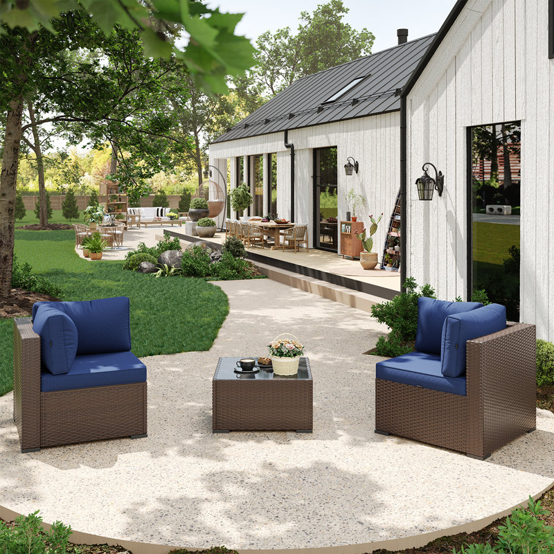 3 -Person Rattan Patio Safo With Cushions, Brown, Dark Blue