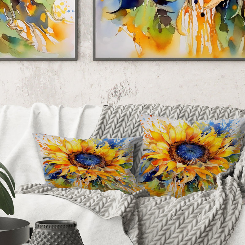 Yellow Blue Golden Cheerful Sunflowers - Floral Printed Throw Pillow