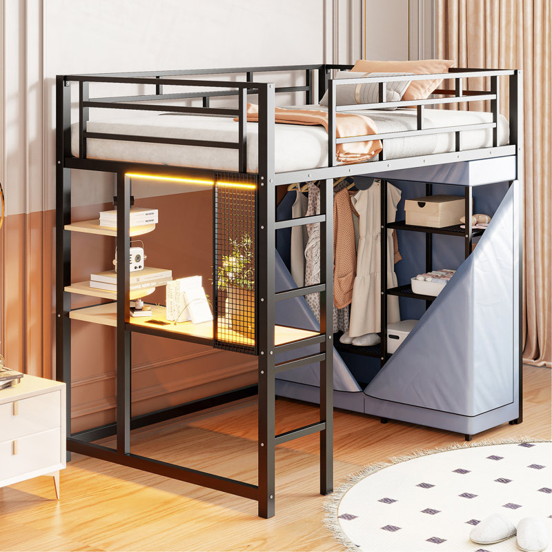 Lit mezzanine en métal avec bureau, tablettes, prise de courant, lumière DEL et garde-robe, Noir, Twin
