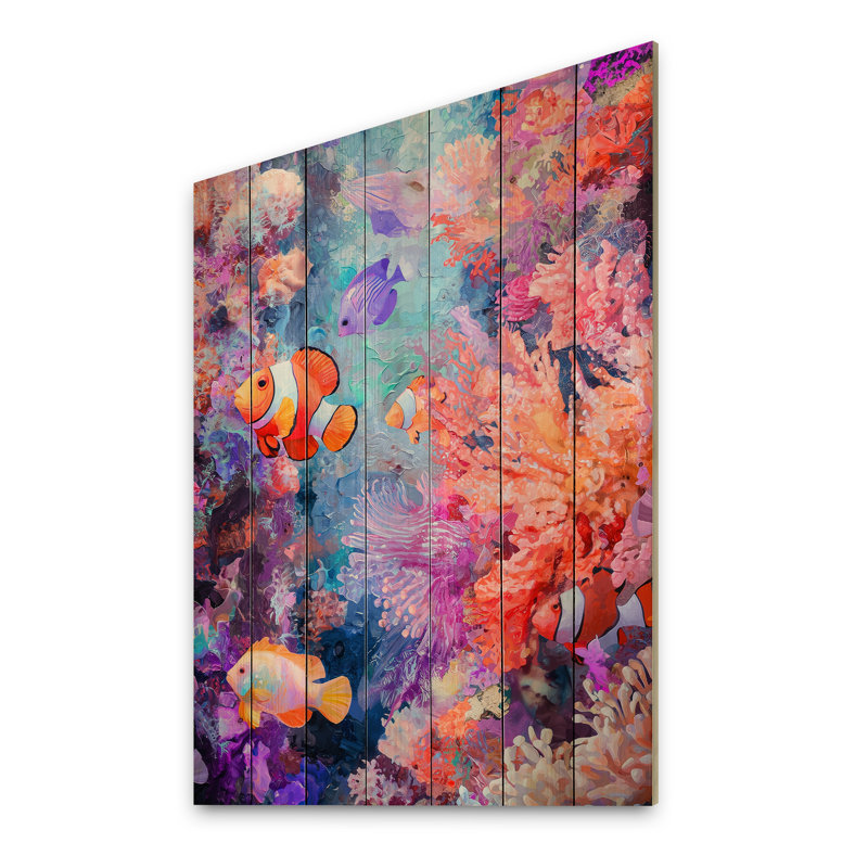 Coral Reef Fish Paradise II - impression moderne en bois orange sur bois de pin naturel, H 40 po x l 30 po