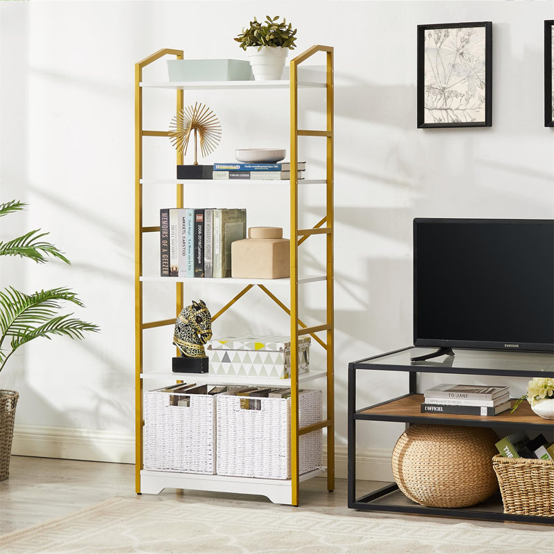 Rustic 5-Tier Bookshelf With Removable Storage Baskets - Heavy Duty Metal Frame, Blanc / doré