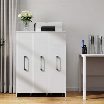 3-Tier Bookshelf with Pull-Out Doors & Wheels – Slide-Out Storage Cabinet