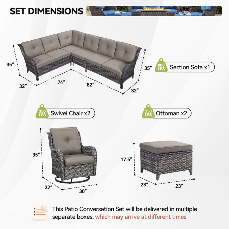 6-Piece Outdoor PE Rattan Sectional Seating Group With Cushions, Gray, Gray
