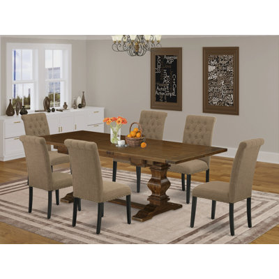 7 Piece Dinette Set Consist of a Rectangle Dining Room Table with Removable Leaf and 6 Light Sable Linen Fabric Parsons Chairs, Walnut