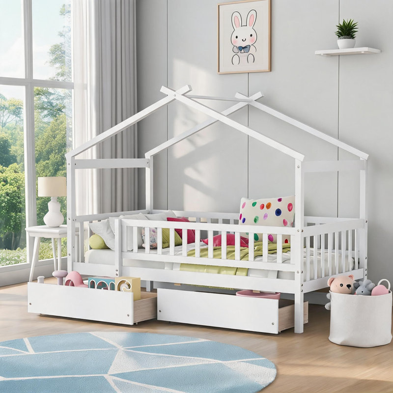 Lit plateforme classique en bois massif blanc, structure simple pour chambre d'enfant avec deux tiroirs de rangement intégrés