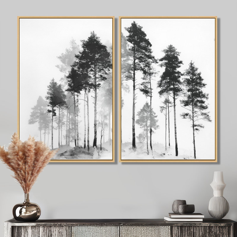 «Black and White Tall Pine Tree Forest», art sur toile de pin, art mural nature noir 2 pièces, H 36 po x l 48 po, Crème