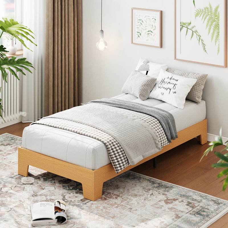 Structure de lit simple simple TG en bois naturel avec lattes solides, design minimaliste, aucun sommier tapissier requis