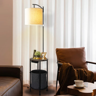 62.99'' End Table with Built-In Lamp, USB & Type-C Charging Ports, AC Outlet, Storage Basket