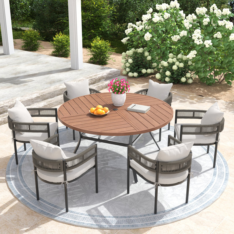 Ensemble repas d'extérieur rond 6 personnes avec chaises rembourrées en rotin pe Passerella, Brush Wood Brown/Beige