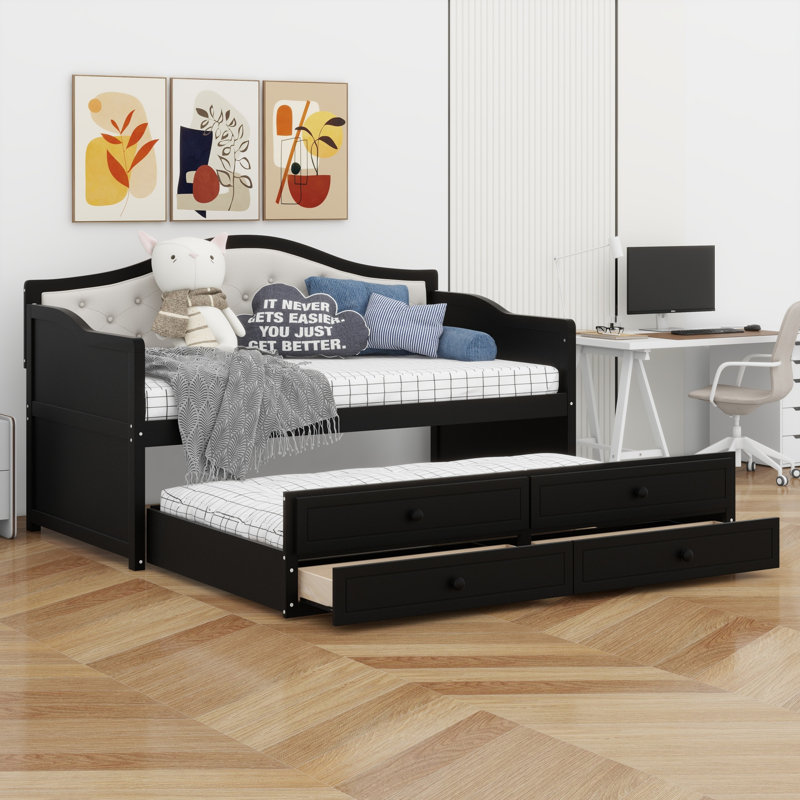 Modern Wooden Daybed with Trundle, Storage Drawers & Upholstered Button Tufted Backrest, Black