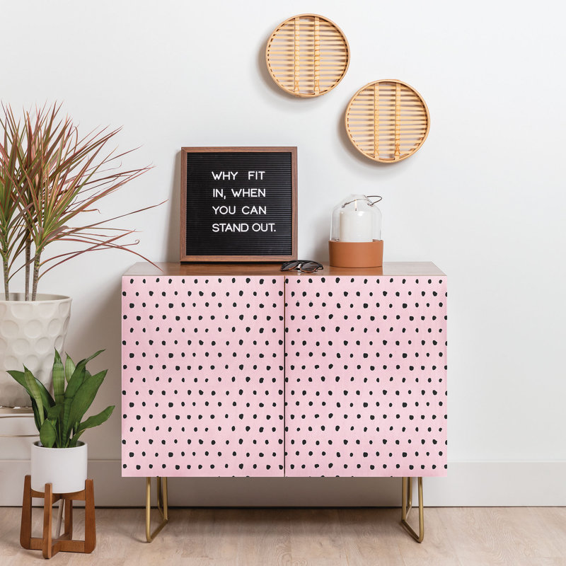 Ninola Design Artsy Dots Pink 2 Door Credenza Cabinet, Walnut/Pink/Black