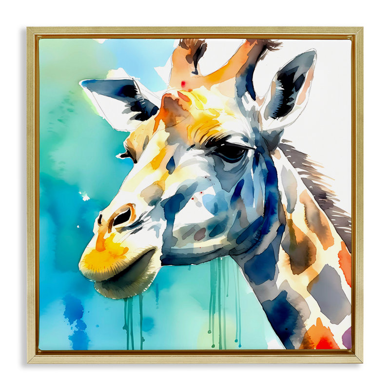 «Girafe with Blue Splash», art mural encadré sur toile flottante par Walker Noble, Cadre flottant métallique doré