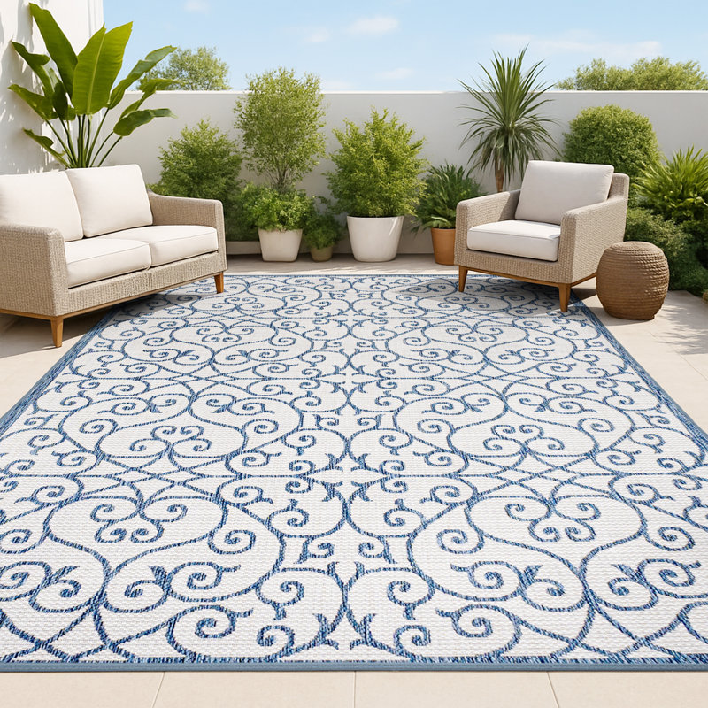Deronte Vintage Filigree Textured Weave Blue/Cream Indoor/Outdoor Rug, Rectangle 3'11" x 6'