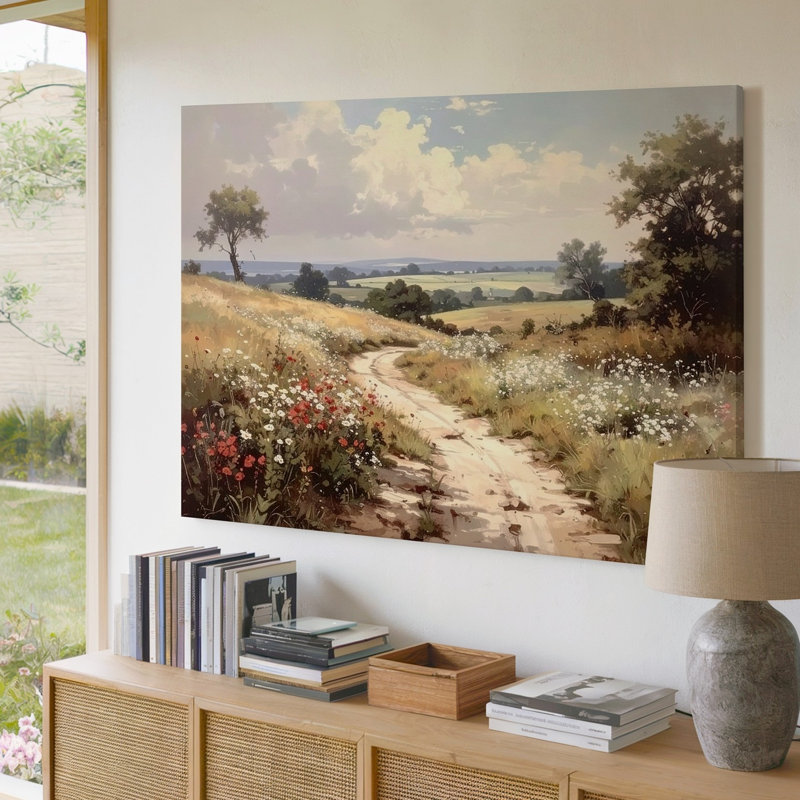 Toile, art mural, chemin de campagne à travers des fleurs sauvages, paysage ensoleillé romantique, certains chemins, prêt à accrocher