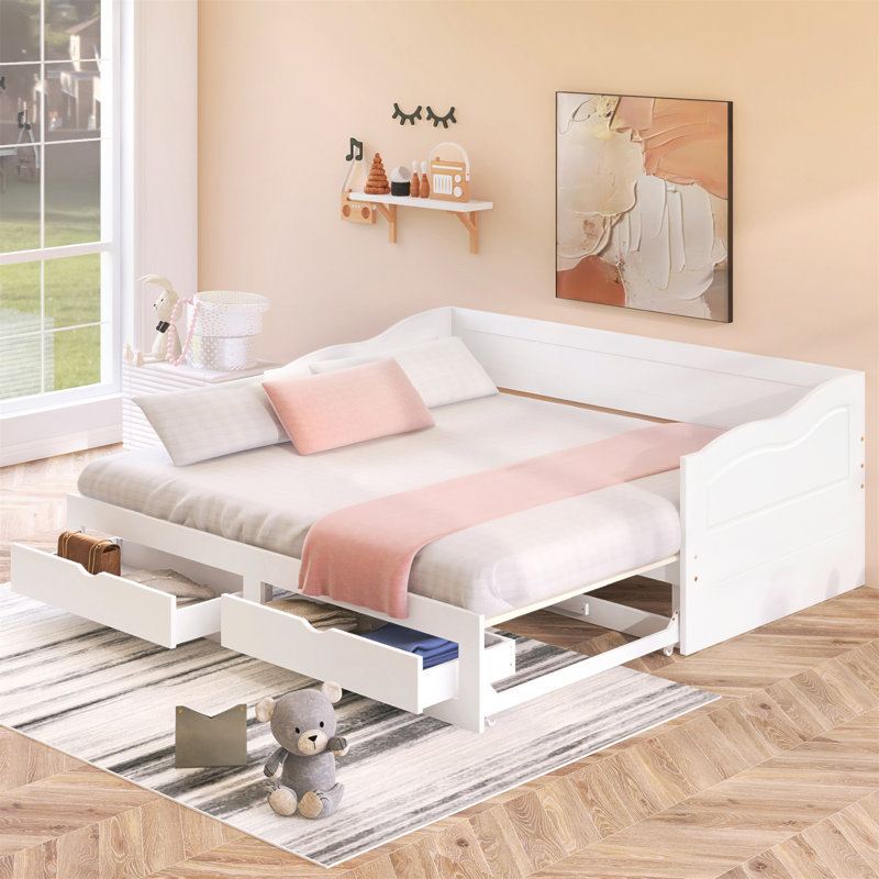 Wooden Daybed With Trundle Bed And Two Storage Drawers, Extendable For Extra Sleeping Space And Organization