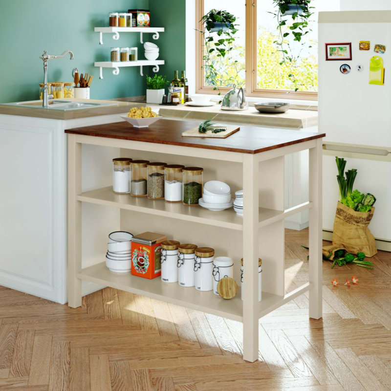 Îlot de cuisine rustique en bois massif, table de préparation en bois d'hévéa avec 2 tablettes ouvertes pour petits espaces