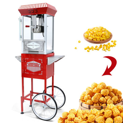 Movie Theater-Style Popcorn Machine Maker with Cart and Kettle, Vintage-Style Popper on Wheels
