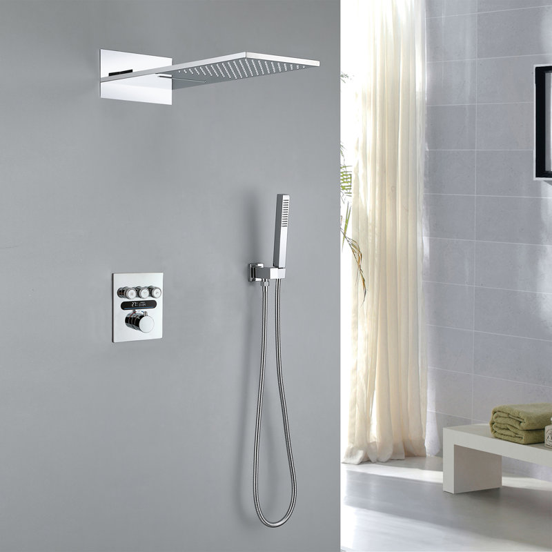 LCD Digital Shower System with 21” Rainfall Shower and Head Handheld Spray, Temperature Display, Polished Chrome