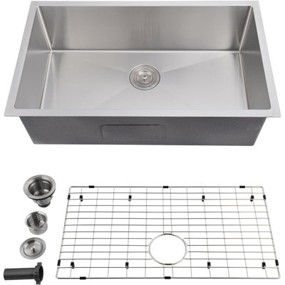 27" Undermount Kitchen Sink, Handmade 304 Stainless Steel, Single Bowl with Brushed Finish, Includes Bottom Grid & Accessories, for Modern Kitchen
