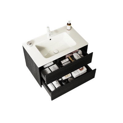 30" Bathroom Vanity, Plywood Construction, White Ceramic Basin, 2 Drawers, Dark Oak Finish, Sink Drain Assembly 30", Floating, Cabinet, , Mounting Ring