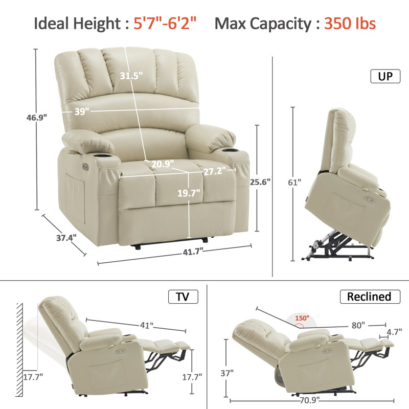 Power Lift Recliner Chair With Massage And Heat for Big Elderly People, Cup Holders, Side Pockets, Faux Leather (Large-Wide)