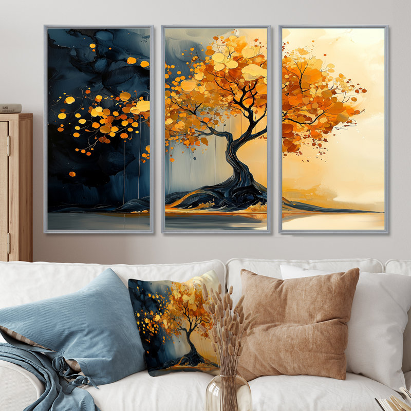 Or et cerisier bleu Silhouette II - ensemble de décoration murale cerisier en fleurs, H 28 po x l 36 po x P 1 po