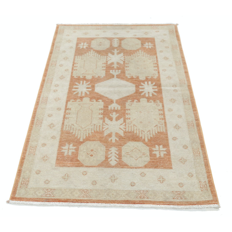 Tapis beige en laine noué à la main 3 pi x 5 pi, motif tribal turc