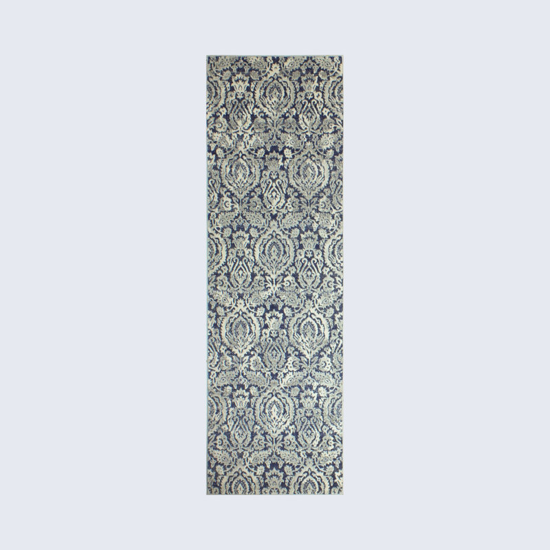 Tapis damassé bleu foncé / blanc Eloise, Tapis de couloir 2 pi 6 po x 8 pi