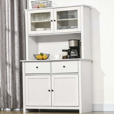 63.5" Kitchen Buffet With Hutch, Pantry Storage Cabinet With 4 Shelves, Drawers, Framed Glass Doors, Open Microwave Countertop
