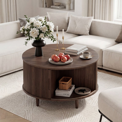 31.5" Walnut Round Coffee Table – Mid-Century Modern, Hidden Storage, Adjustable Feet – Compact Small Center Table for Living Room