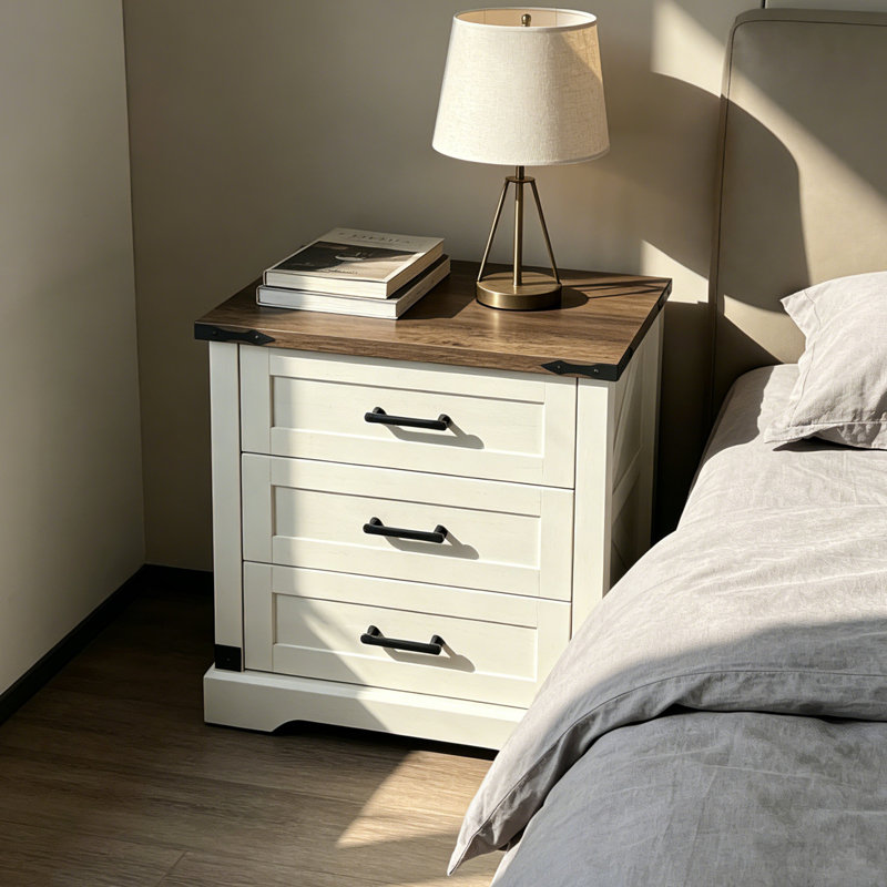 Table de chevet 3 tiroirs Modern Farmhouse avec station de charge intégrée