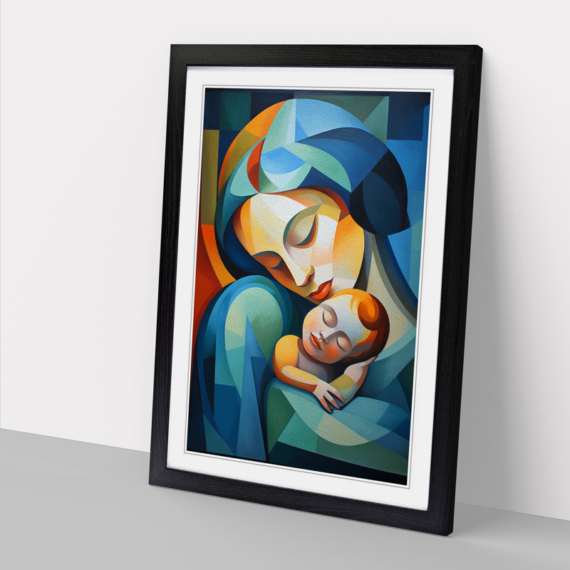 Mother And Baby Cubism No.3 - Single Picture Frame Print on Wood, 64cm H x 46cm W x 2cm D, Black Framed